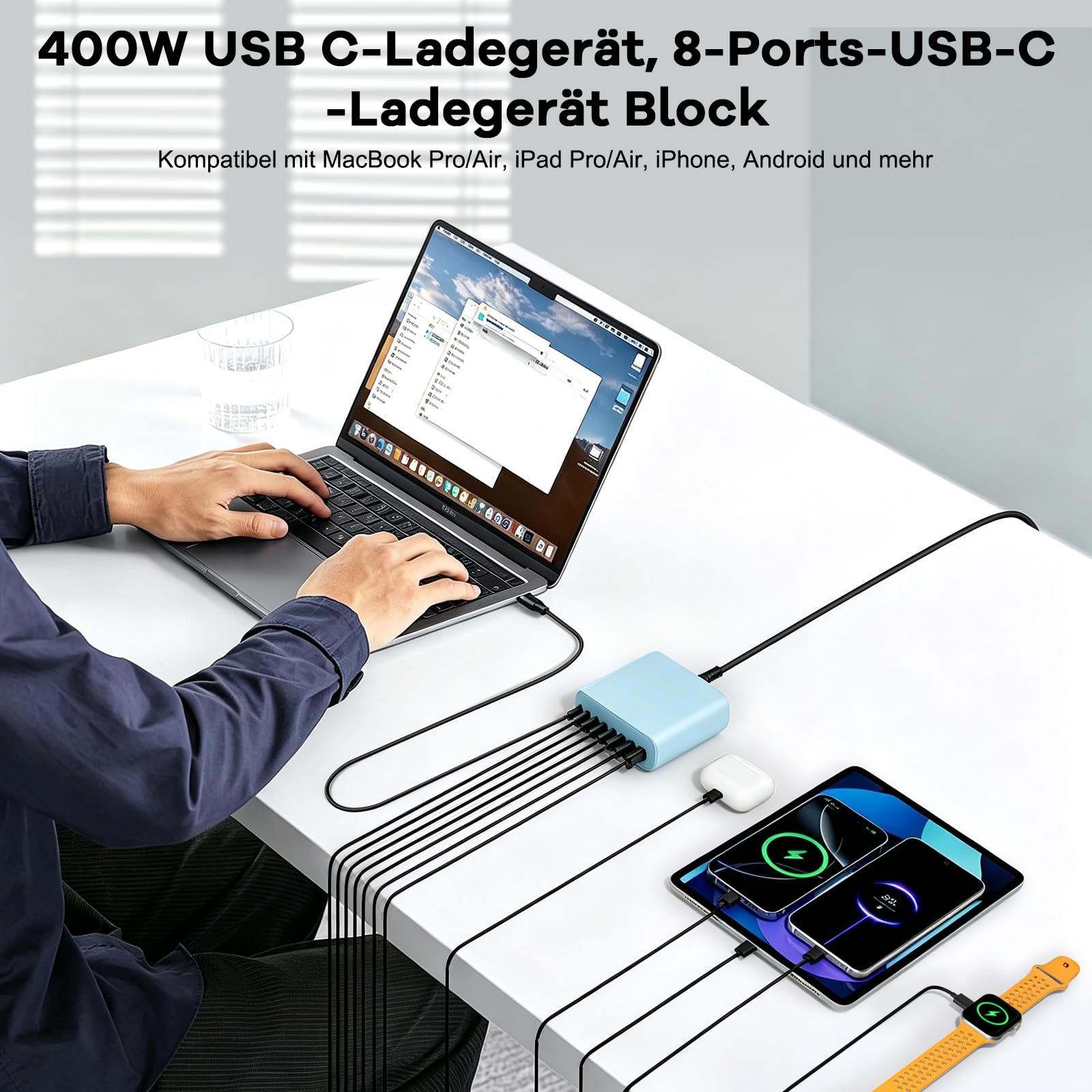 GaN IV Chargeur USB C 400 W - 8 ports - Chargeur rapide à 8 ports - Compatible avec MacBook Pro/Air, iPad Pro/Air, iPhone, Android, etc