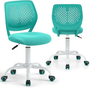 GLACER Kids Desk Chair, Armless Study Seat w/Wheels, Adjustable Height & Swivel, Low Back, Padded Cushion, Ergonomic Rolling Office Computer Chair for Girls, Boys, TeensGreen