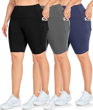 NEW YOUNG 3 Pack Plus Size Biker Shorts with Pockets for Women-High Waisted Workout Shorts
