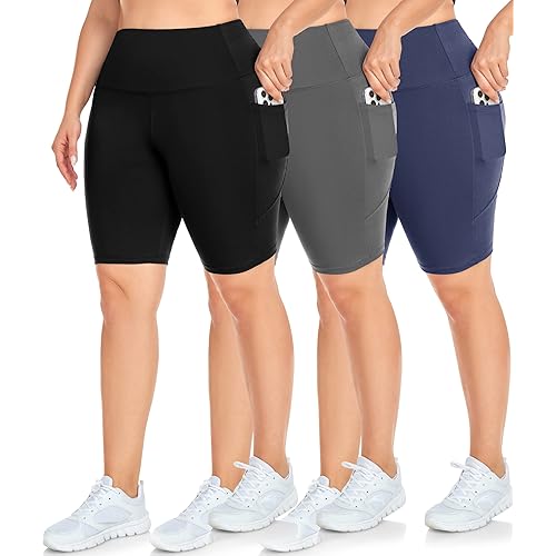 NEW YOUNG 3 Pack Plus Size Biker Shorts with Pockets for Women-High Waisted Workout Shorts