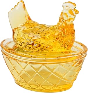 Glass Hen on Nest - Mini Chicken Collectible Figurines for Easter Decor, Handmade Vintage Style Home Decorations, Christmas Tree Ornaments & Easter Basket Stuffers (Yellow)