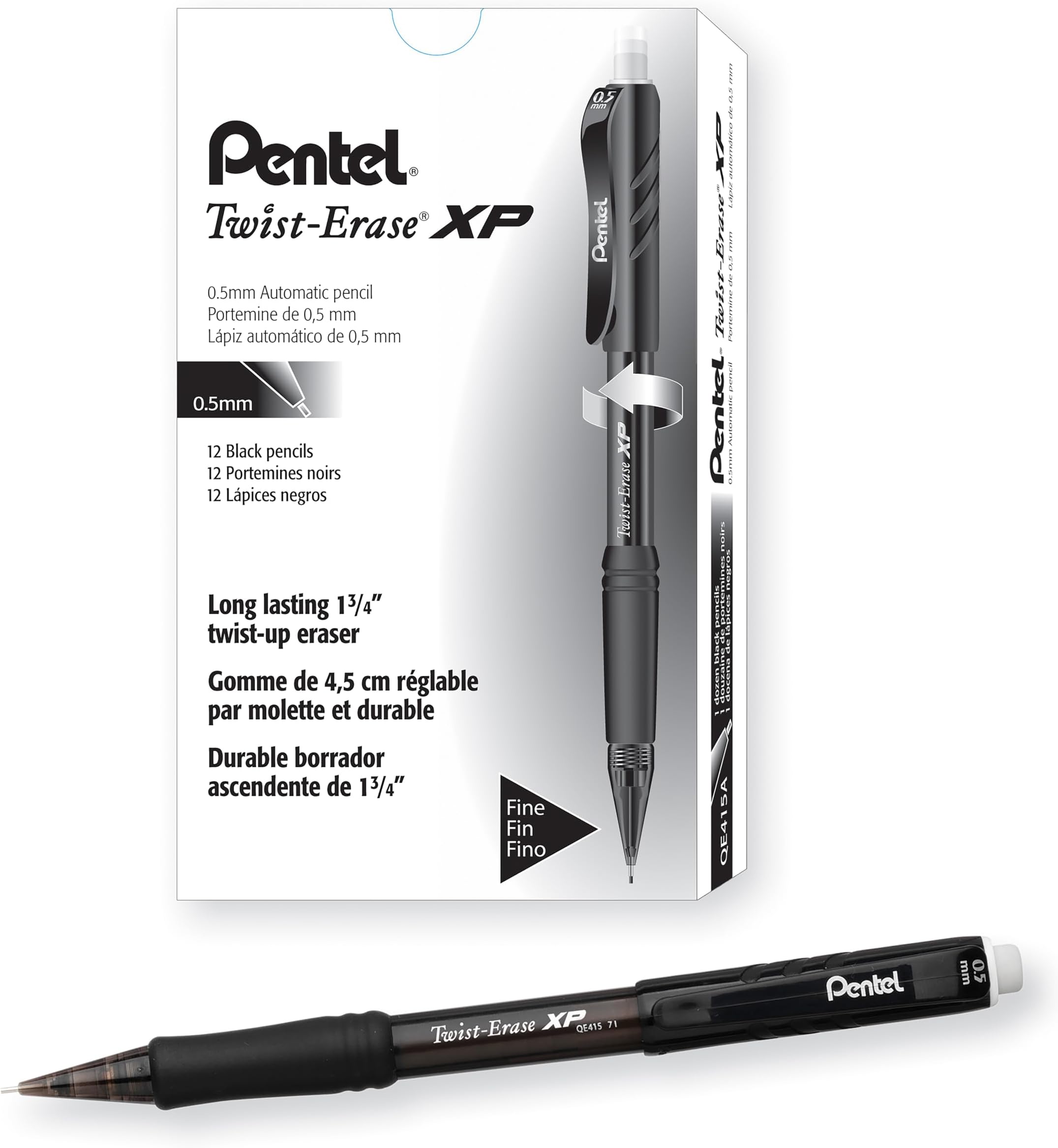 Pentel Twist Erase EXPRESS Automatic Pencil, 0.5mm Lead Size, Black Barrel, Box of 12 (QE415A)
