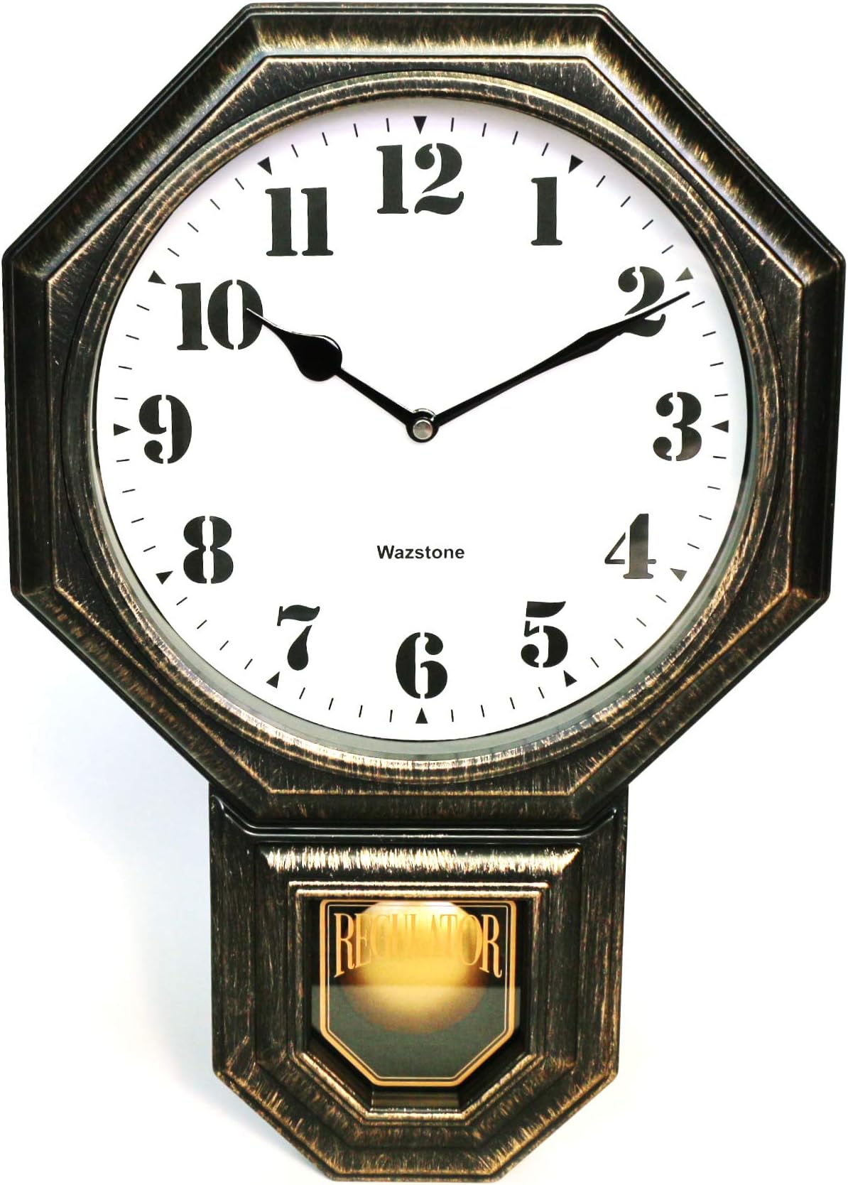 Signature Dark Iron Antique Mini Pendulum Wall Clock, Simulate Metallic Vintage Texture, Non Ticking Silent Sweep Movement, 11.4” x 17” x 2.4”, Retro Classic Style, Plastic Frame with ABS Glass