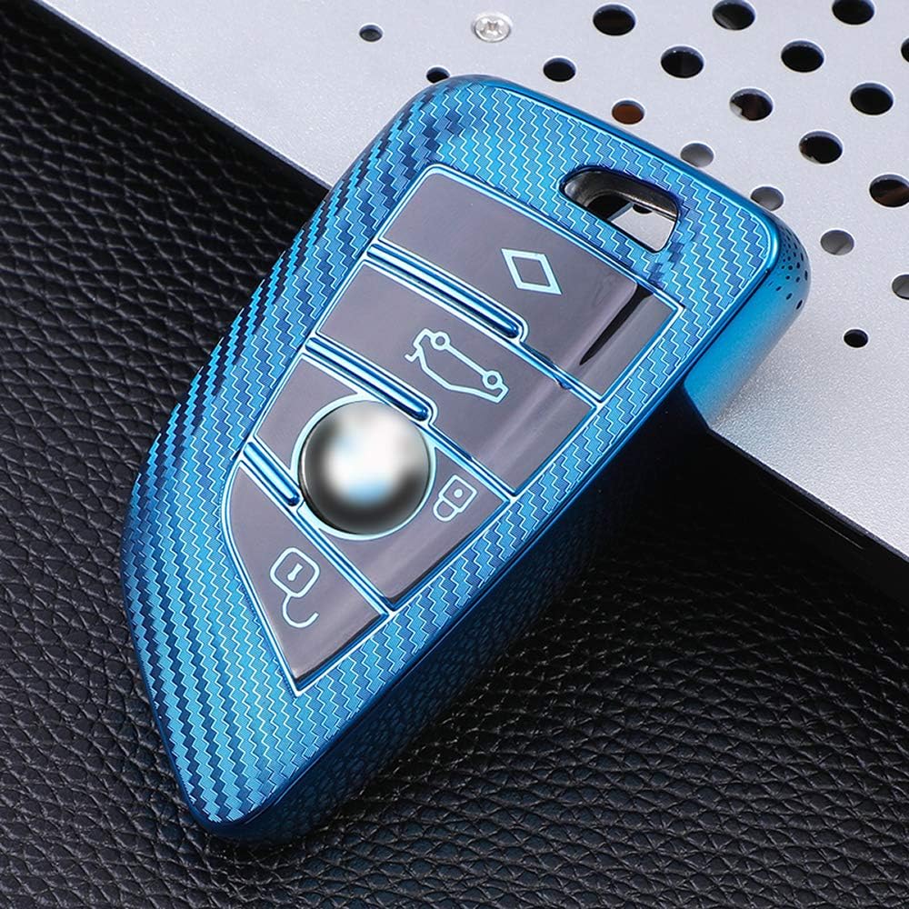 SANRILY Key Fob Cover for BMW 2 5 6 7 Series X3 X5 Keyless Entry Remote Key Holder Soft TPU Full Protection Key Case Shell with Keychain Blue