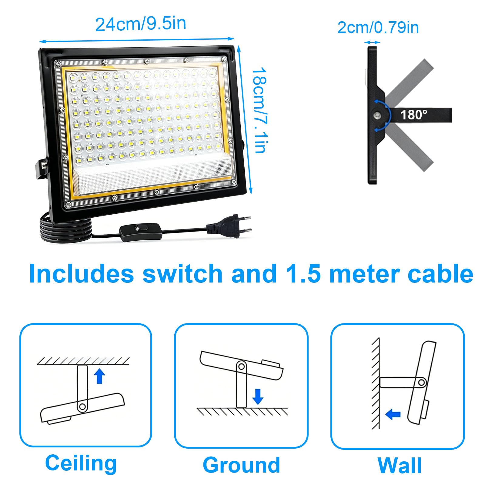 2 Piezas Focos LED Exterior 100W, Resistente al Agua IP66 Foco Proyector LED, 1.5M Cable Blanco Frío 6500K Proyector LED Exterior, 10000LM para Estadio, Almacén, Taller, Aparcamiento