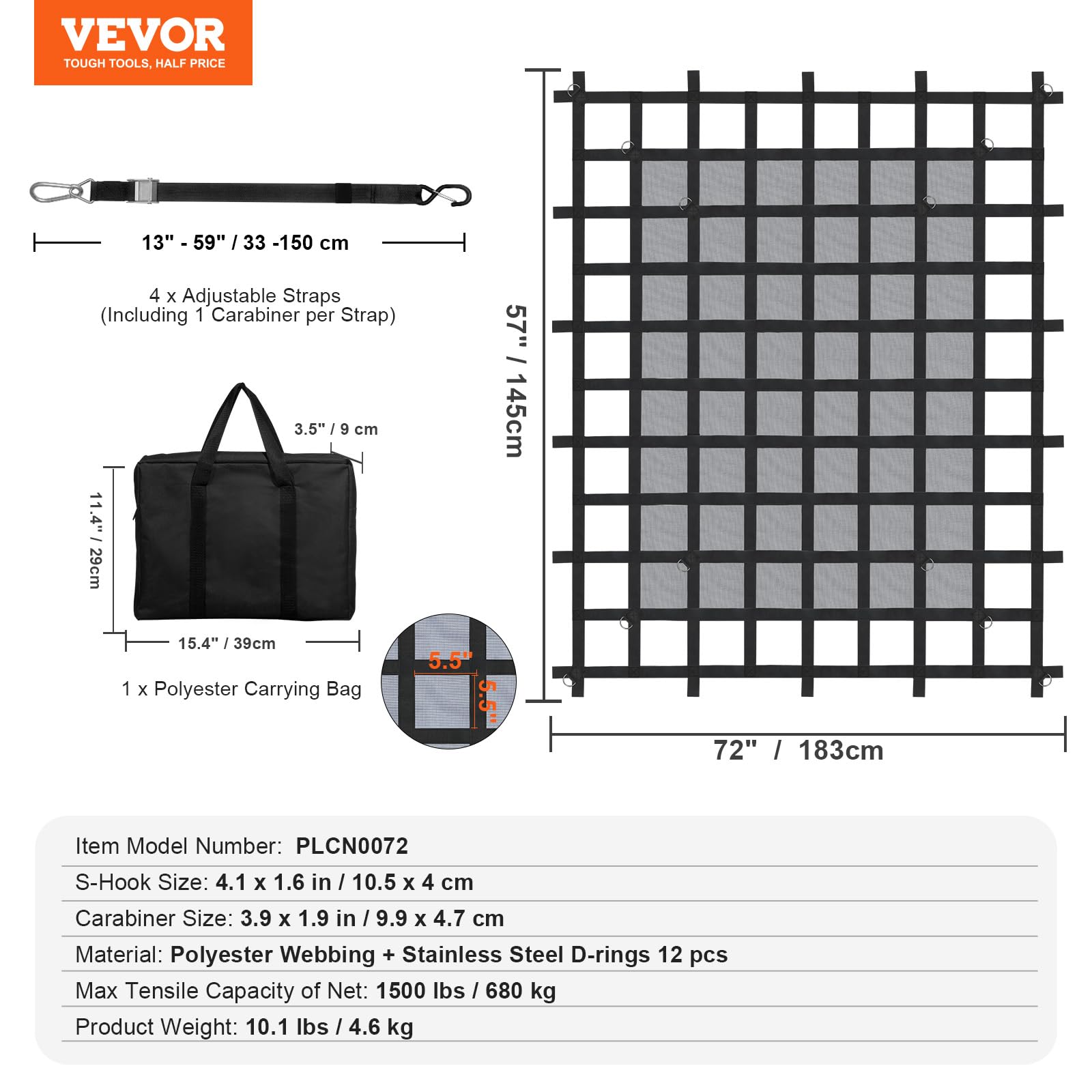 VEVOR Rete di Carico, 1830 x 1450 mm Rete di Carico per Camion ad Alta Resistenza per Cassone di Camion, 4 Cinghie Regolabili, Moschettoni e Ganci a S, Resistente all'Usura e alle Intemperie, per Jeep