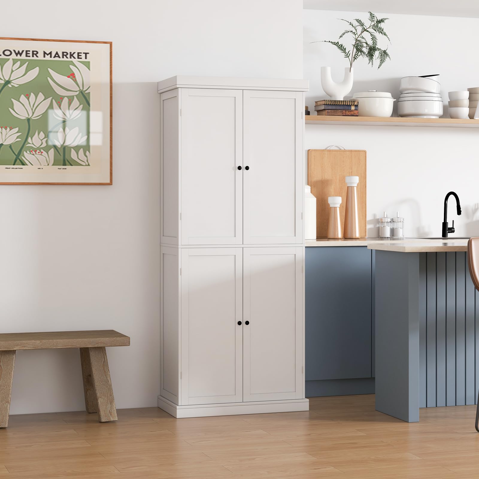 COSTWAY 6 stöckiger Garderobenschrank, Kleiderschrank mit 4 Türen & verstellbaren Regalen, Mehrzweckschrank Küchenschrank, Hochschrank für Badezimmer, Esszimmer, Büro, 76 x 40 x 184,5 cm, Weiß