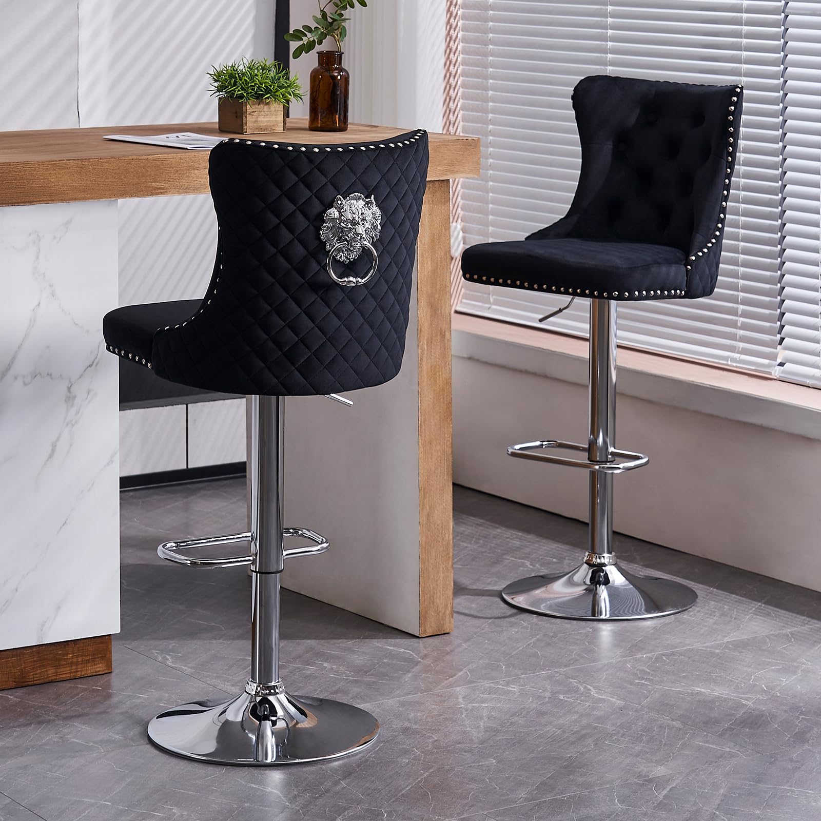 KHISCHMO Set of 2 Luxury Velvet Bar Stools, 360° Swivel Adjustable Counter Height Chairs with Lion Knocker, Gold Metal Base, Upholstered Breakfast Stools for Kitchen Island Bar, Black — image 1