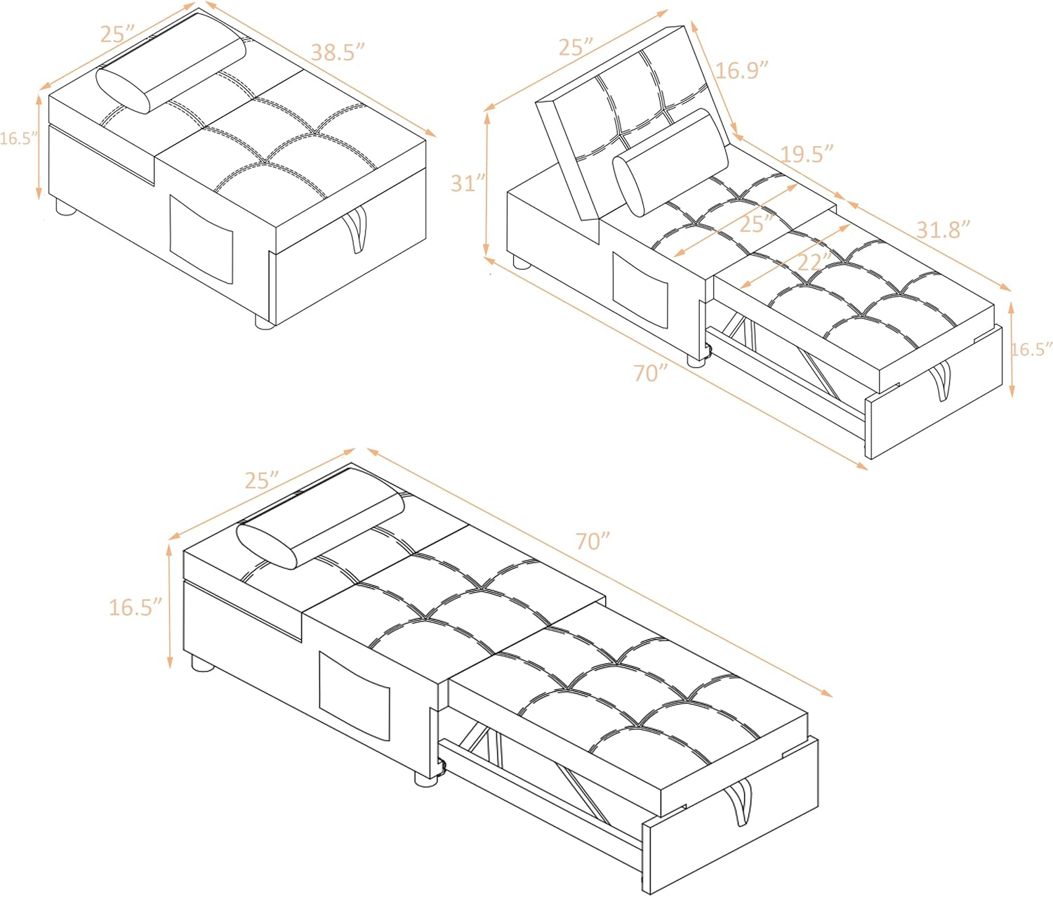4 in 1 Ottoman Bed Sleeper Chair, Convertible Chair Bed Adjustable Backrest Pullout Sofa Bed, Durable Linen Fabric Chaise Lounge, with 1 Pillow, for Home Living Room (Grey)