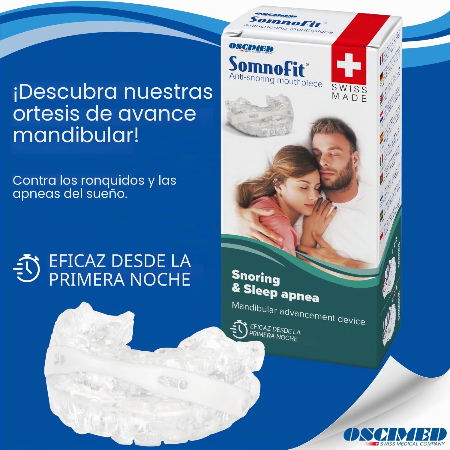 Somnofit – Ortesis antironquidos y apnea – Canal dental flexible y termoformable – Diseño patentado, gran comodidad – Ortesis mandibular fabricada en Suiza