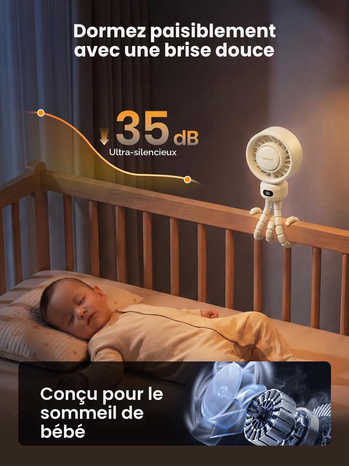 Warmco Ventilateur portable pour landau, 4000 mAh rechargeable (jusqu'à 15 H), 4 vitesses, affichage de la batterie LED, fonctionnement silencieux, couvercle amovible, pour poussette, siège auto