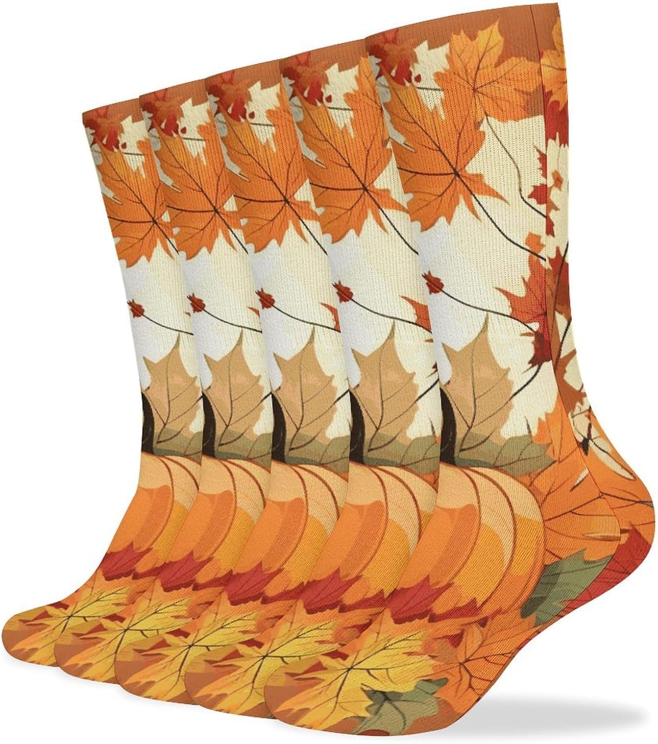 Autumn Pumpkin Maple Leaves Crew Socks Cozy Casual Calf Socks Lightweight Long Work Sock Breathable Athletic Sock for Hiking Sports Running 5 Pairs