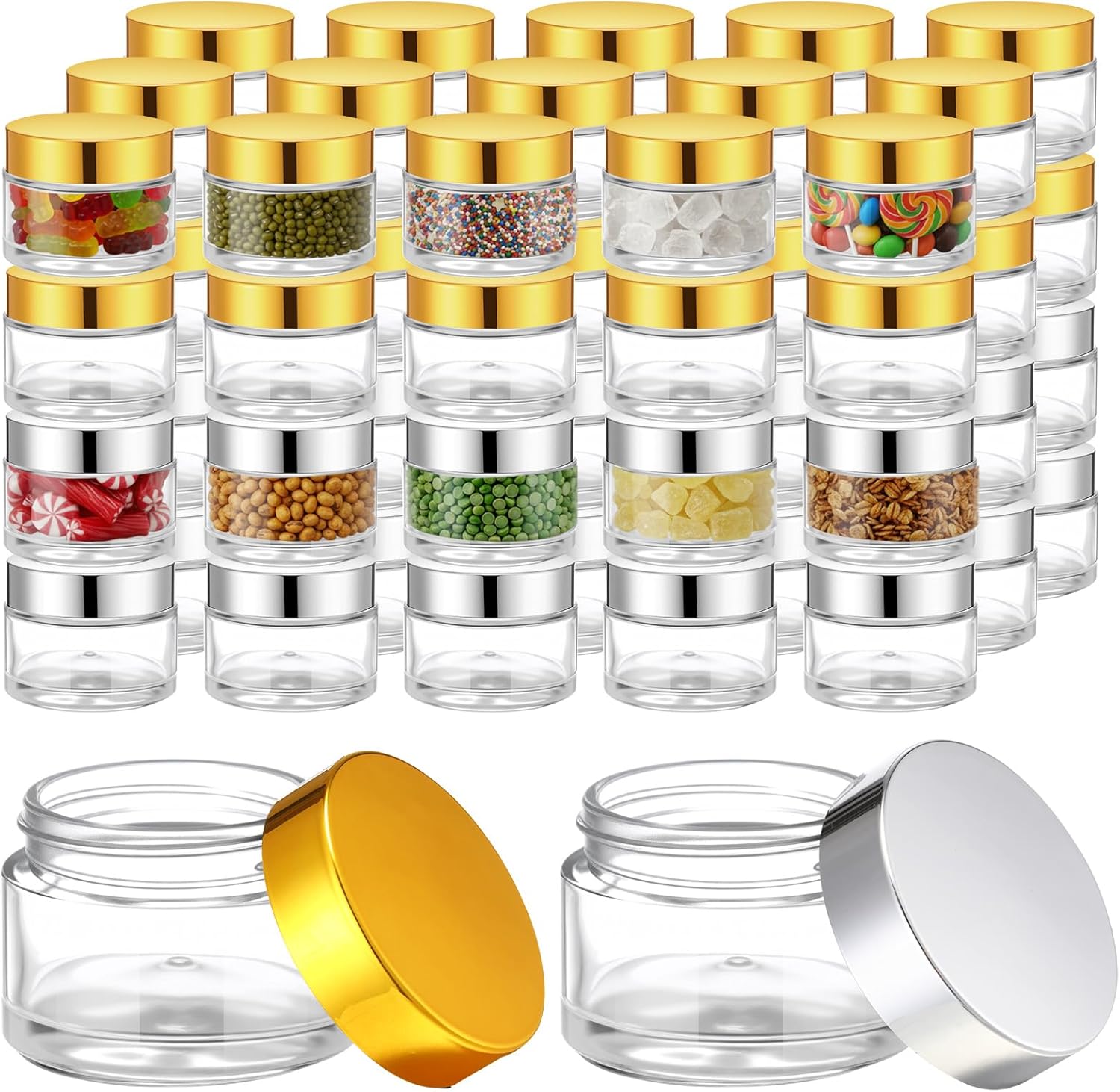 Meanplan 60 Pack 2 oz Glass Jars with Lids Bulk Small Sample Candle Cosmetic Jars with Inner Liners for Travel Empty Salve Tins Storage Container for Creams, Lotion, Candle Making, Food (Gold Silver)