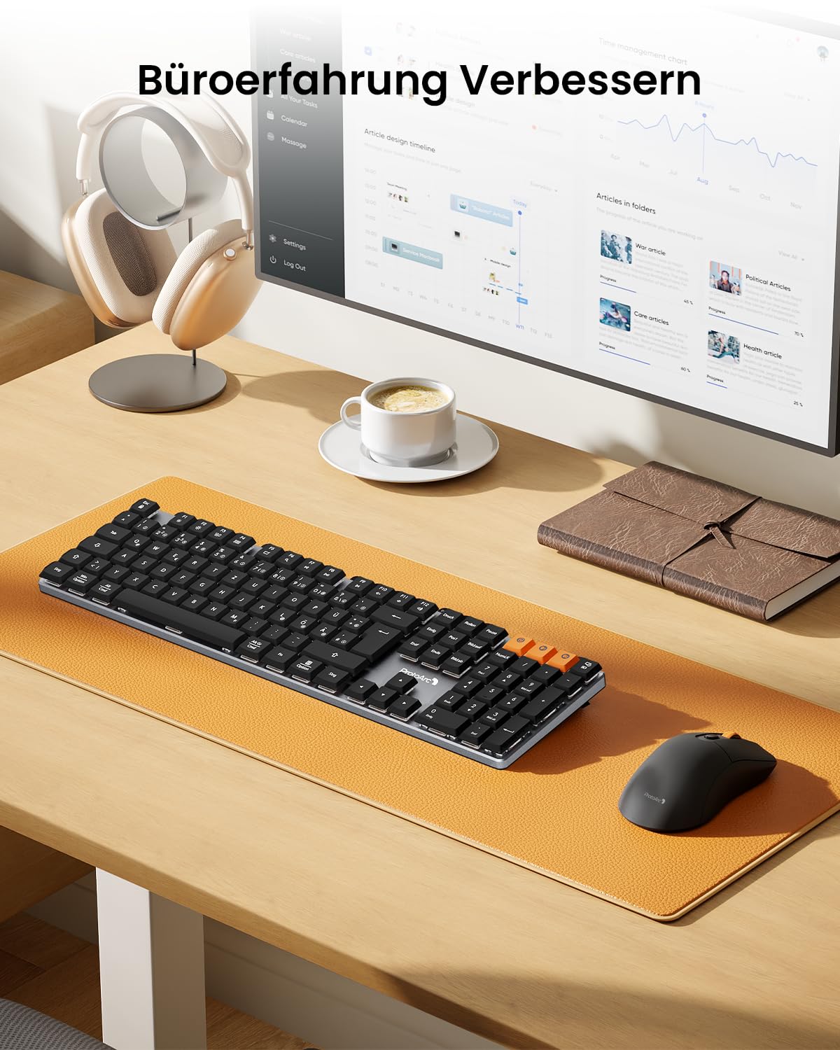 ProtoArc Mechanische Tastatur Maus Set Kabellos, KM310 Full-Size Wiederaufladbare Funktastatur Maus, 2,4 G+Dual Bluetooth, Rotem Schalter, Multi-Gerät, QWERTZ Layout, für Windows/Mac - Space Grau