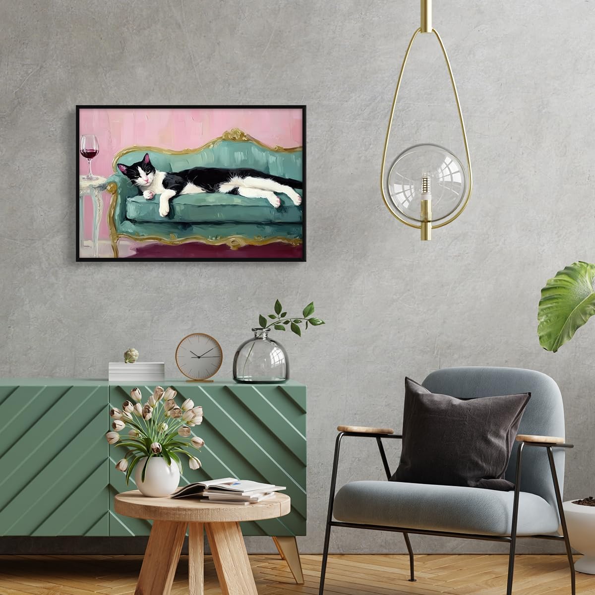 Cat Poster Canvas, Tuxedo Cat on Couch with Red Wine Wall Art, Trendy Cocktail Aesthetic Poster, Funky Bar Cart Wall Decor Print, Black White Cat Fine Art, Cute Animal Painting 8x12in Framed