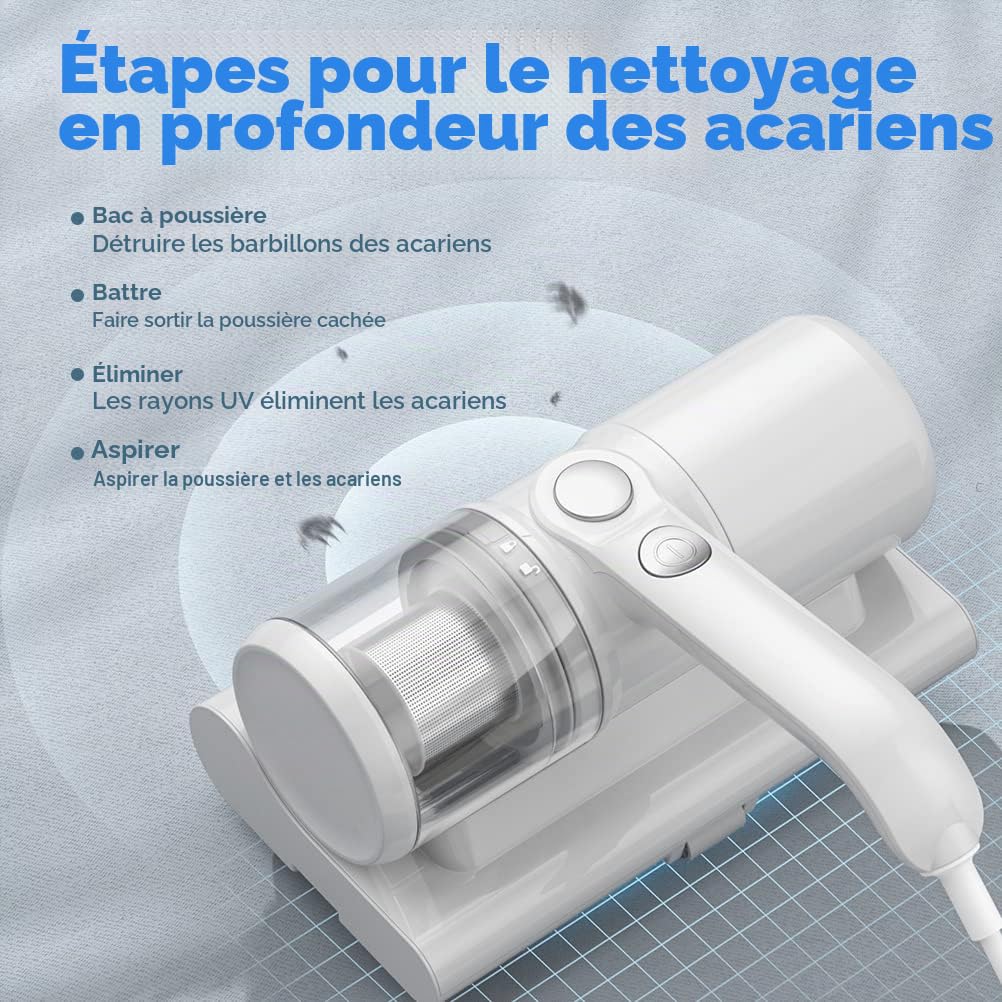 Aspirateur de Matelas Anti-Acariens avec Lumière UV et Réservoir de Poussière HEPA Aspirateur Anti-Acariens, Aspirateur de Poussière 300W pour Canapé/Matelas/Textile (MULTI-VOIES), Blanc