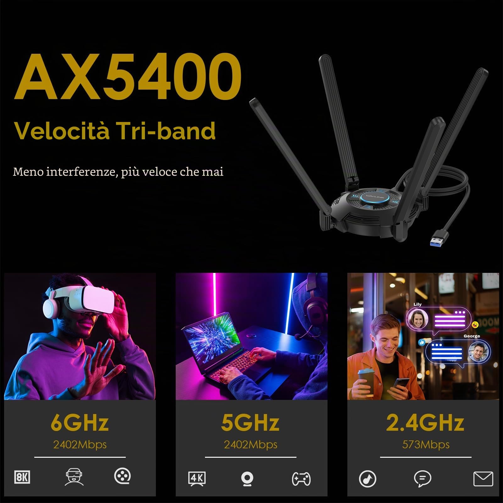 WAVLINK Adattatore WiFi 6E Potente AX5400, Scheda di Rete Wireless con 2,4/5/6GHz, Driver Integrato, 4 Antenne da 5dBi, Windows 11/10