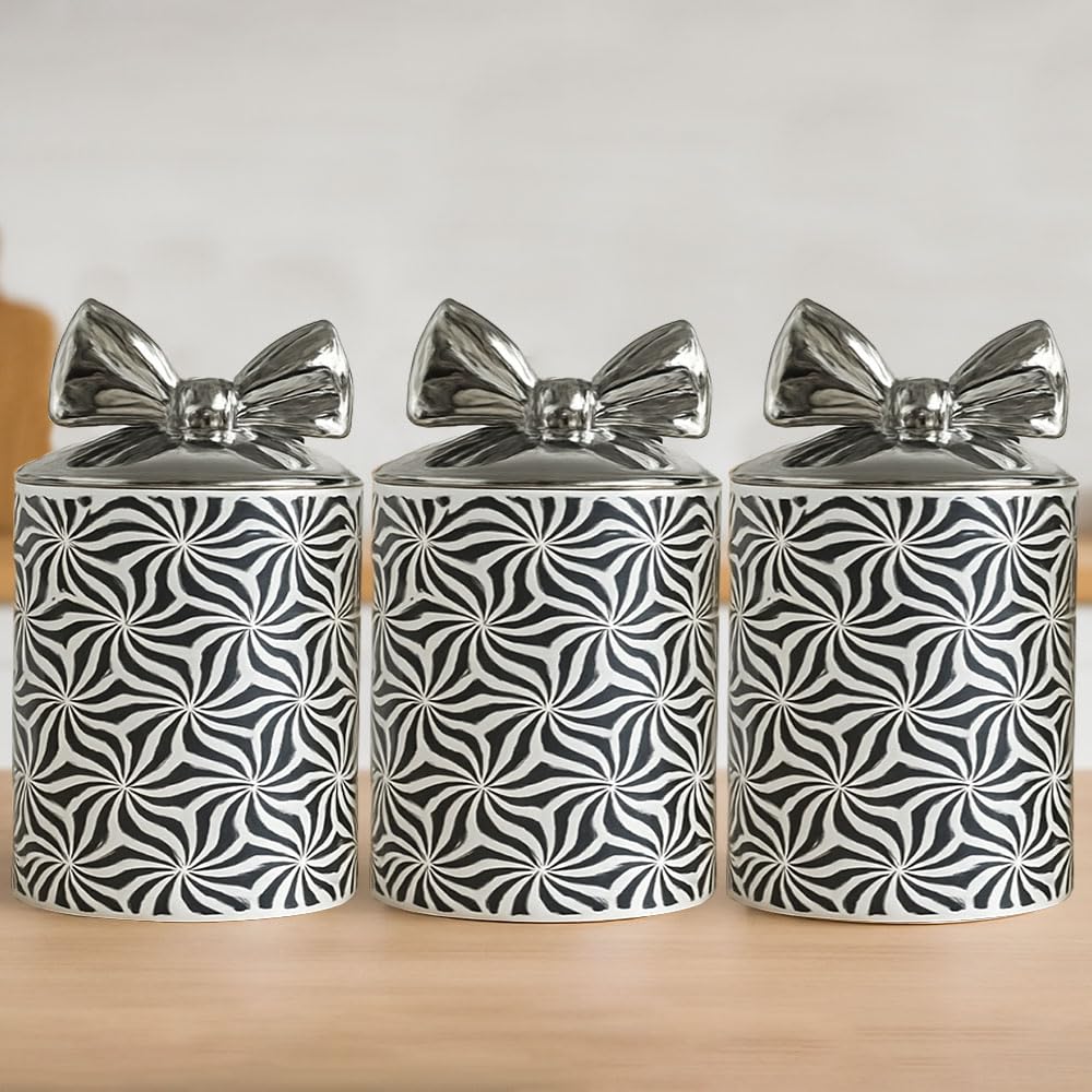 Bmlimited White Bml Ceramic Tea Coffee Sugar Canister Set Swirl Design With Silver Bow Lids Decorative Jars For Modern Kitchen Countertop (White)