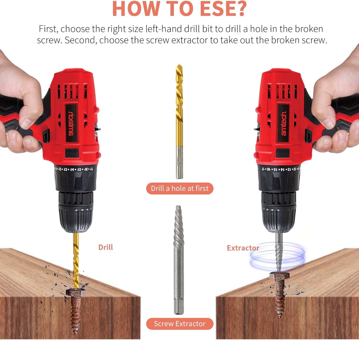Screw Extractor Set, 37# Cr-Mo & 6542 HSS Steel Cobalt Left-Hand Drill Bit, Easy Out Broken Bolt Remover Reverse, Ez Out Stripped, Rounded-Off, Damaged Bolts, Screws&Studs Removal Tool (10-Pieces)