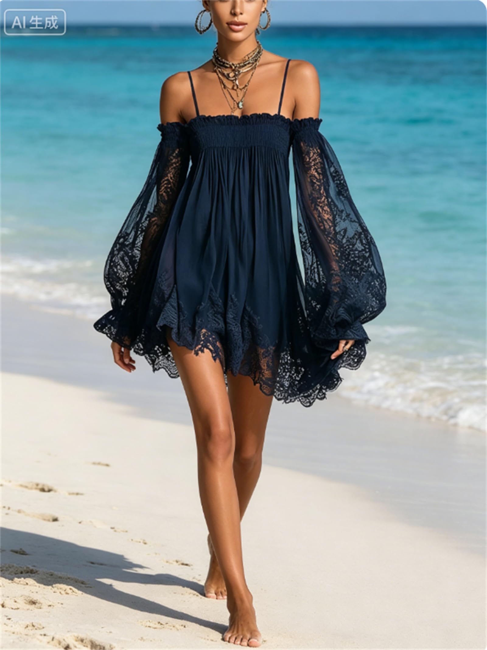 Mini abito da donna con bretelle, elegante, sexy, in pizzo, con maniche a sbuffo, casual, per feste, spiaggia, vacanze, abito corto fluido