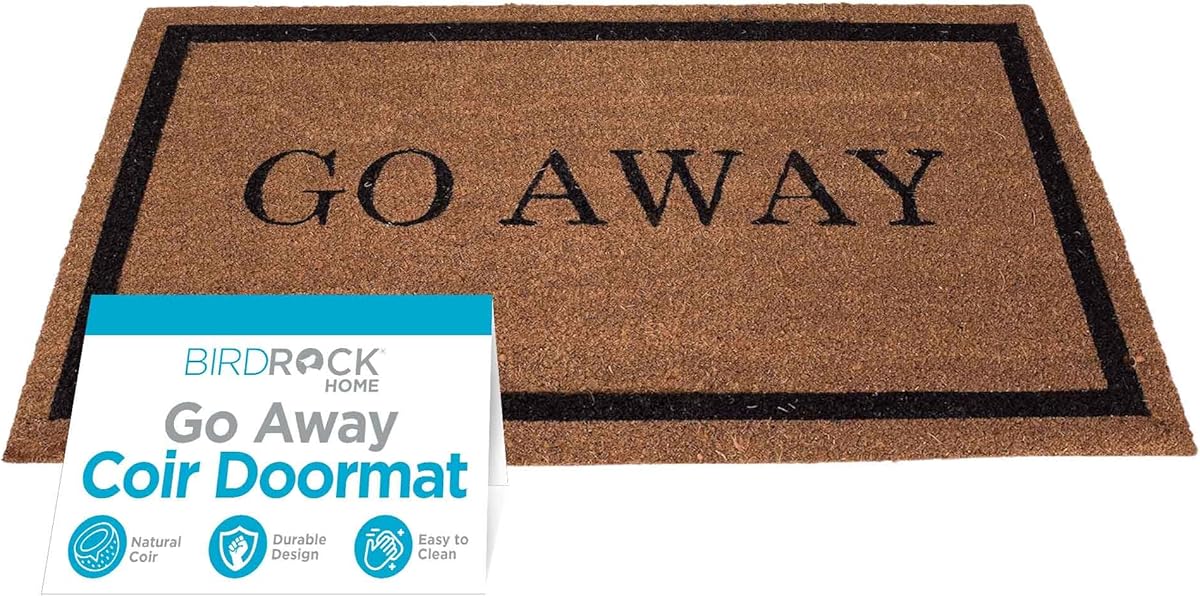 BIRDROCK HOME Go Away Coir Doormat | 18 x 30 Inch | Standard Welcome Mat with Black Border and Natural Fade | Vinyl Backed | Outdoor