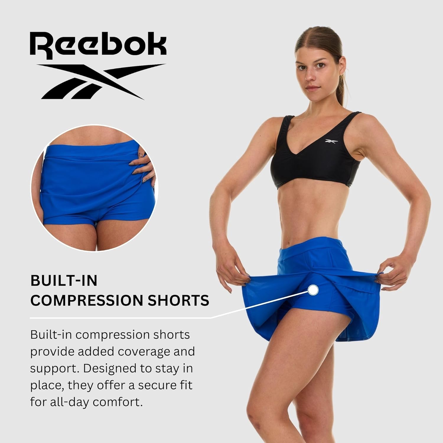 Reebok Womens Swim Skirt with Shorts Liner, Swim Skorts for Women Swimwear, Sporty Athletic Bathing Suit Skirt Bottoms - Image 3