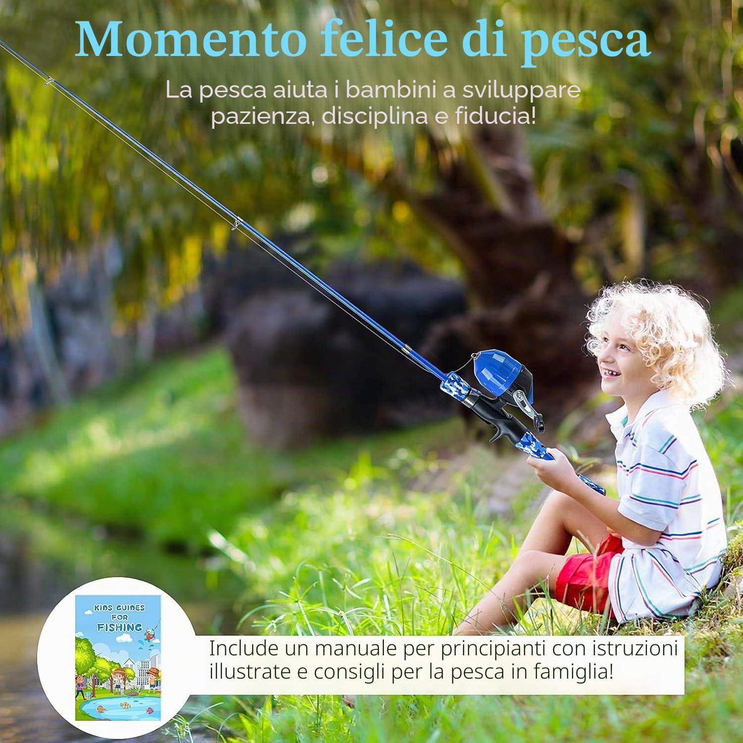 Milerong Canna da pesca per bambini, canna da pesca telescopica portatile e mulinello, kit combinato per ragazzi, ragazze e giovani, con mulinello da pesca spincast, attrezzatura da pesca, esche da