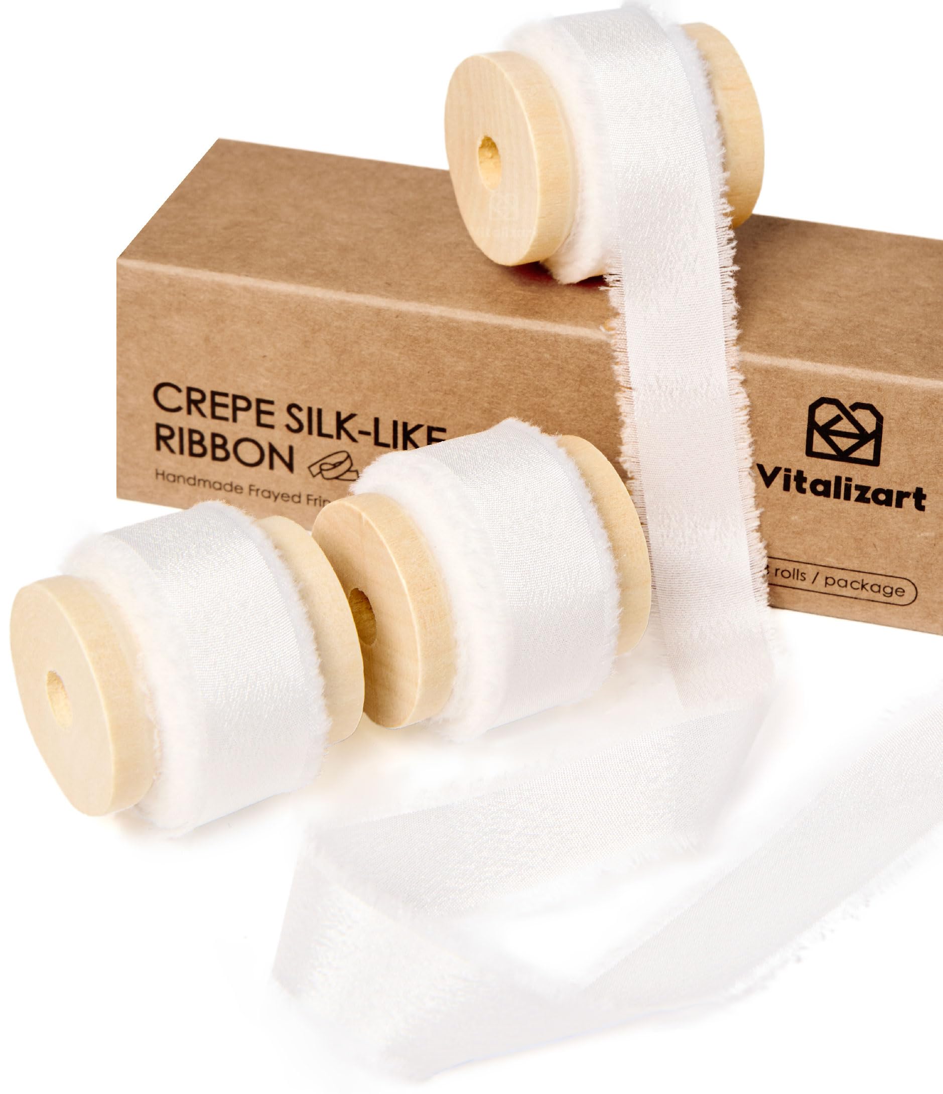 Vitalizart White Ribbon Double Face Silky Satin Ribbon 5/8" Crepe Silk Like Handmade Frayed Fringe for Gift Wrapping Baby Shower Wedding Bridal