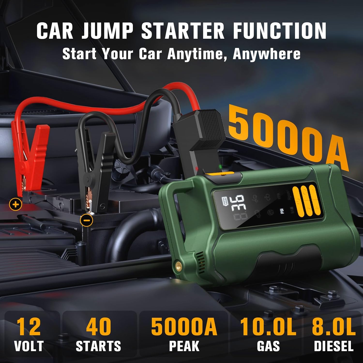 Jump Starter with Air Compressor,5000A Car Battery Jumper Starter, 16000mAh Battery Jumper Starter Portable for 10L Gas/Diesel Engine with 160PSI Booster,LED Display & Light,Jumper Cables