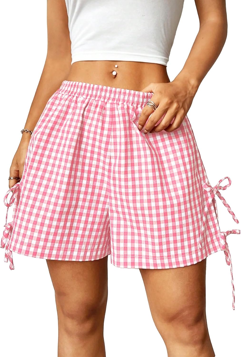 Verdusa Women's Gingham Plaid Shorts Bow Tie Split Elastic Waist Y2k Wide Leg Shorts Summer Vacation Outfits Picnic Clothes