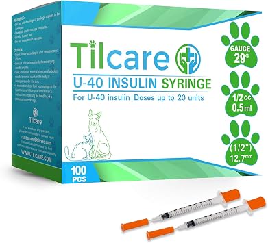 Tilcare U40 Pet Insulin Syringes with Needle 29 G 0.5 cc 12.7 mm 1/2" 100-Pack Latex-Free Diabetic Syringes - Ultra Fine Sterile Medical Syringe for Diabetes Individually Blister Packed for Safety