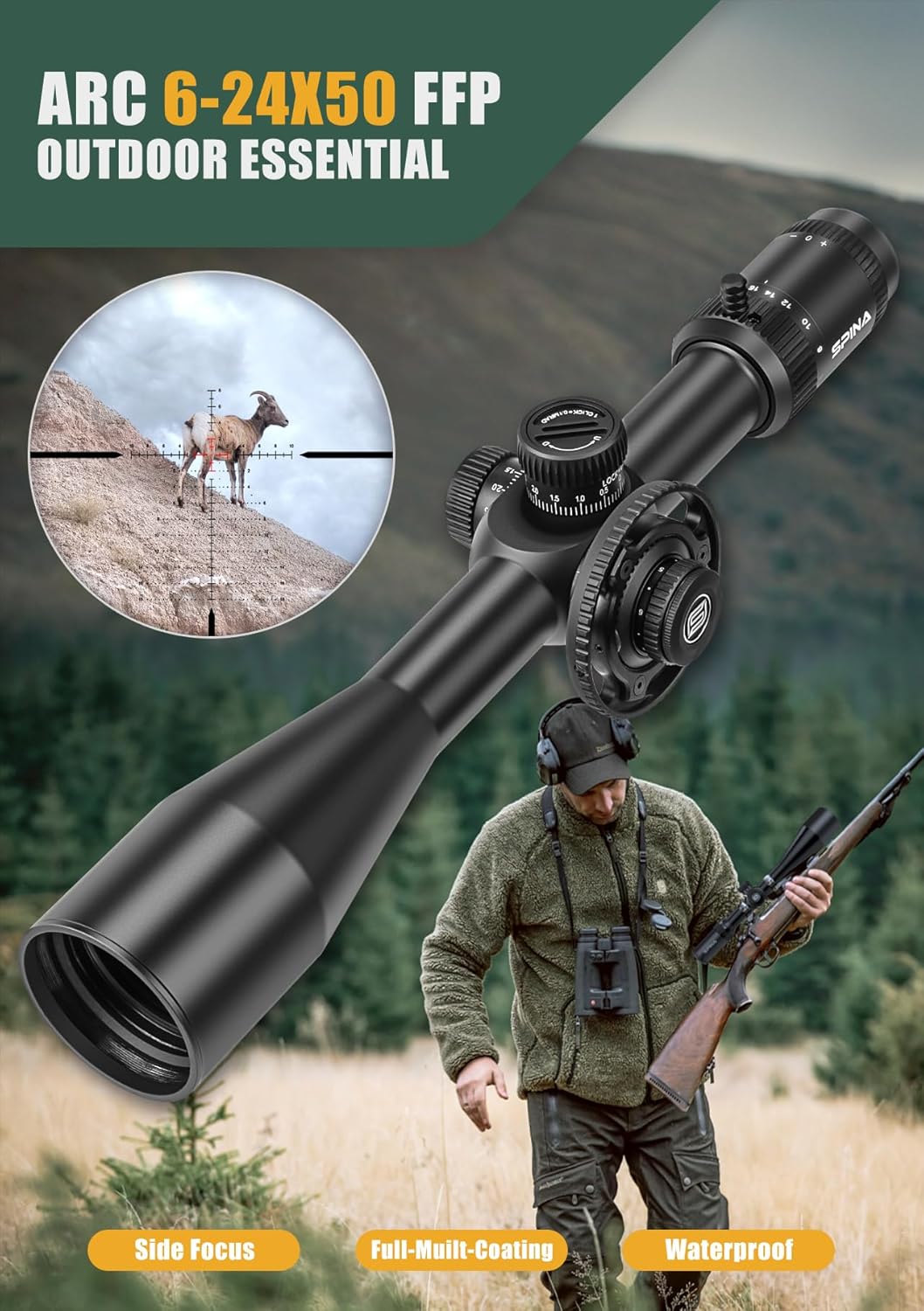Spina Optics 6-24x50 FFP Gen2 First Focal Plane scopes with Sunshade,Parallax Wheel，30mm Tube Hunting Scopes, QD Scope Mount