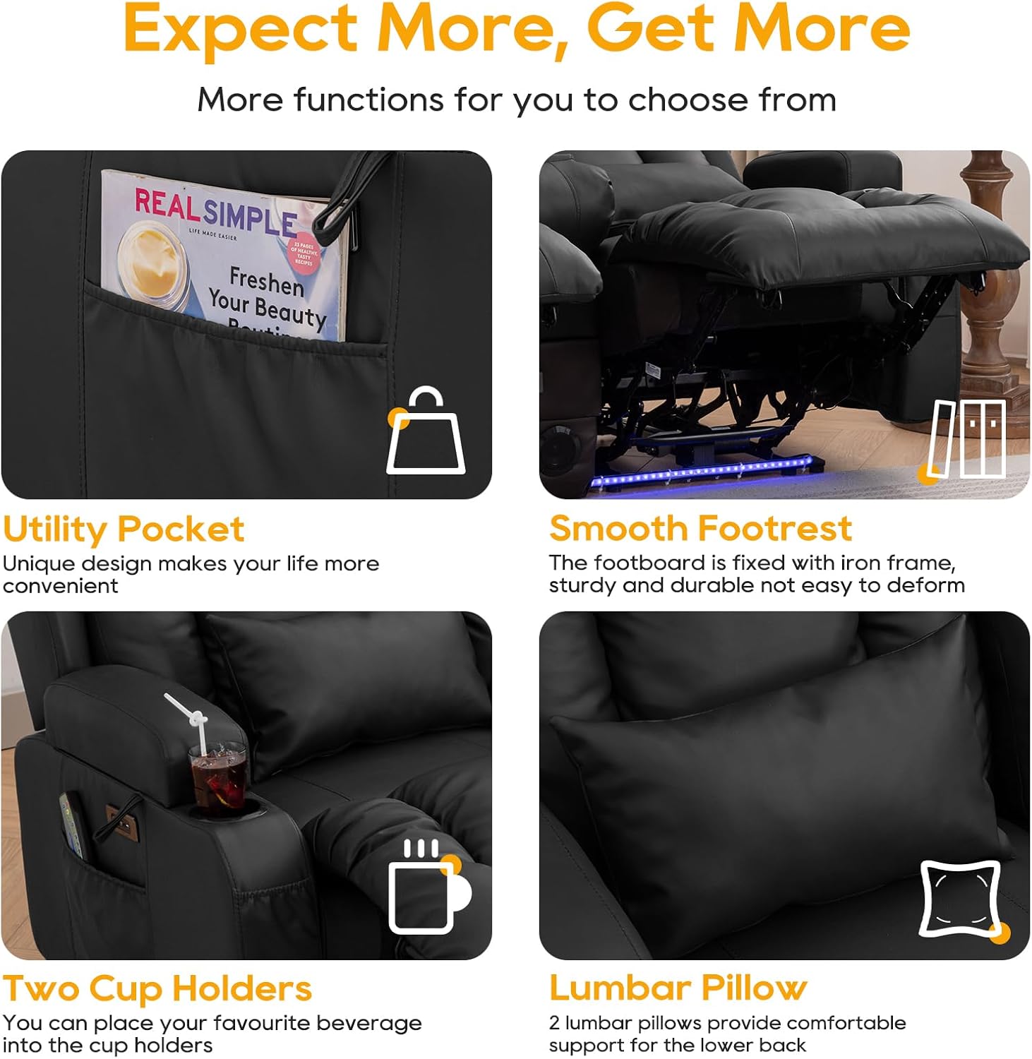 IPKIG 54" Power Loveseat Recliner Sofa, Electric Home Theater Seating with Massage Heat/4 Colors Ambient Lights/USB Port/Side Pocket/Cup Holder for Living Room, Bedroom, Home (Black, 2 Seater)