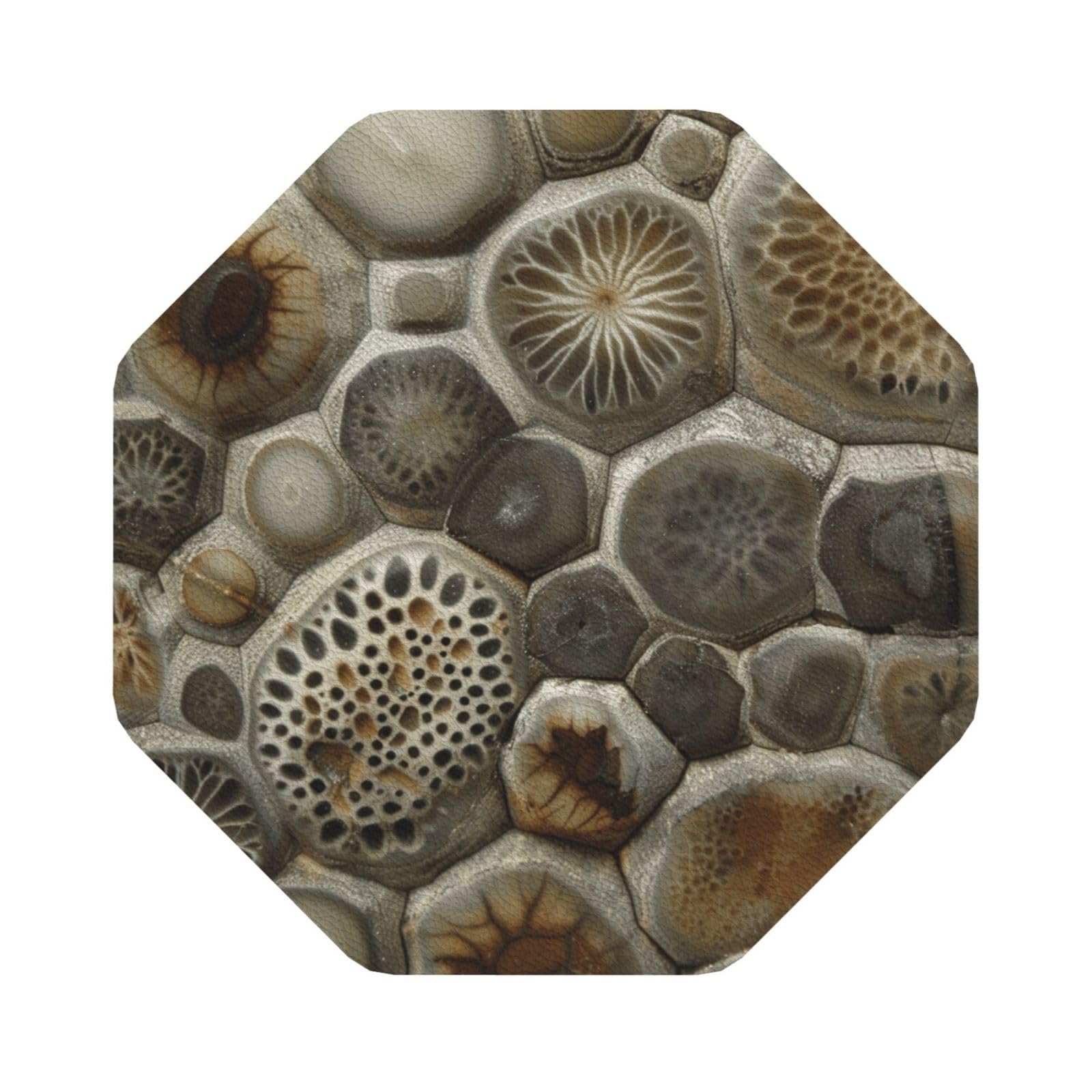 Petoskey Stone Print Leather Coaster Set of 6, Octagon Coasters Table Decorative Coffee Cup Beverage Coasters Wine Beer Bar Coasters for Hot Drinks Table Protection
