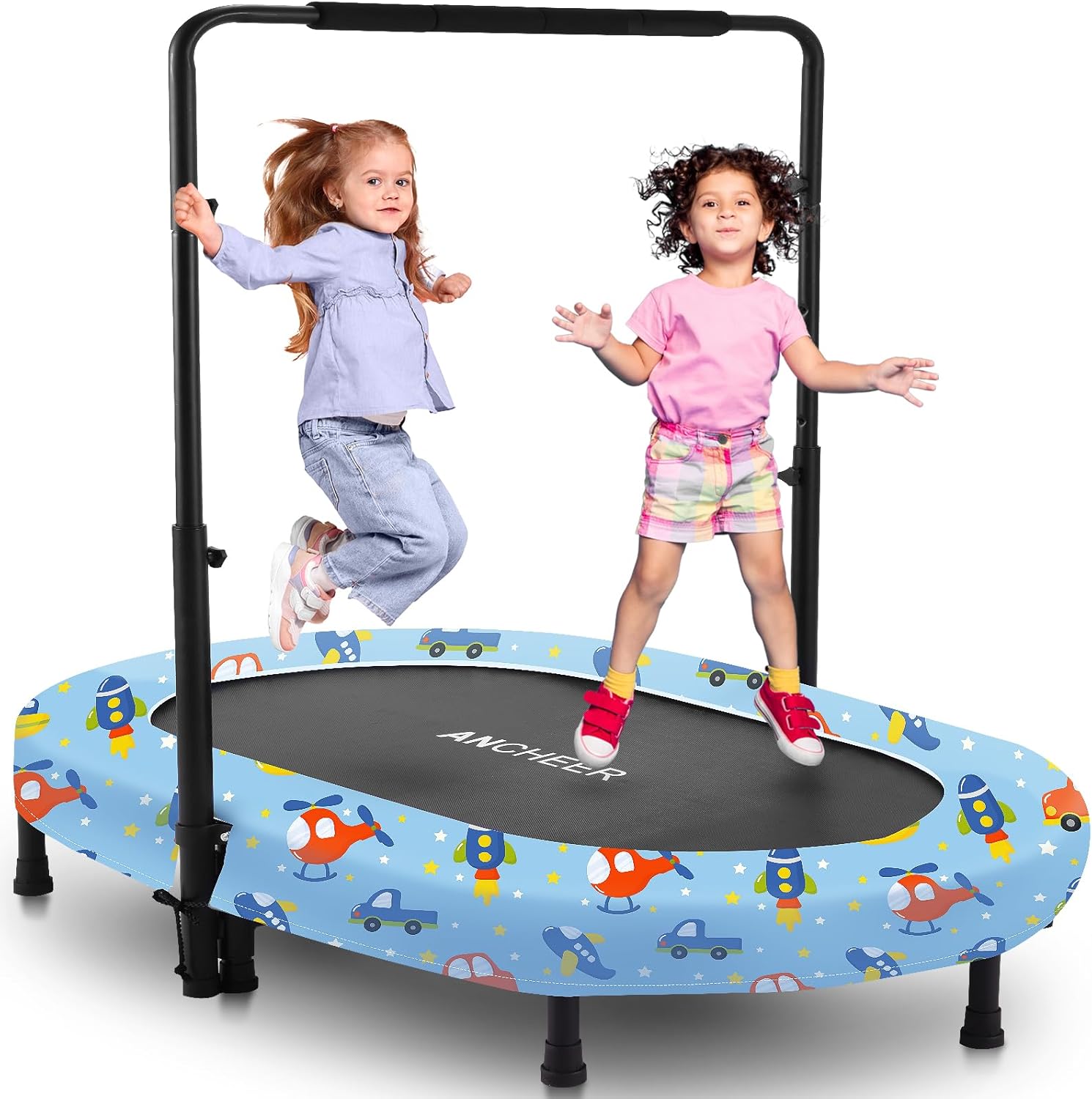 ancheer 56" double mini trampoline for kids, mini rebounder with 5-level adjustable handle, parent-child trampoline for kids, max load 220lbs, fun for indoor/outdoor