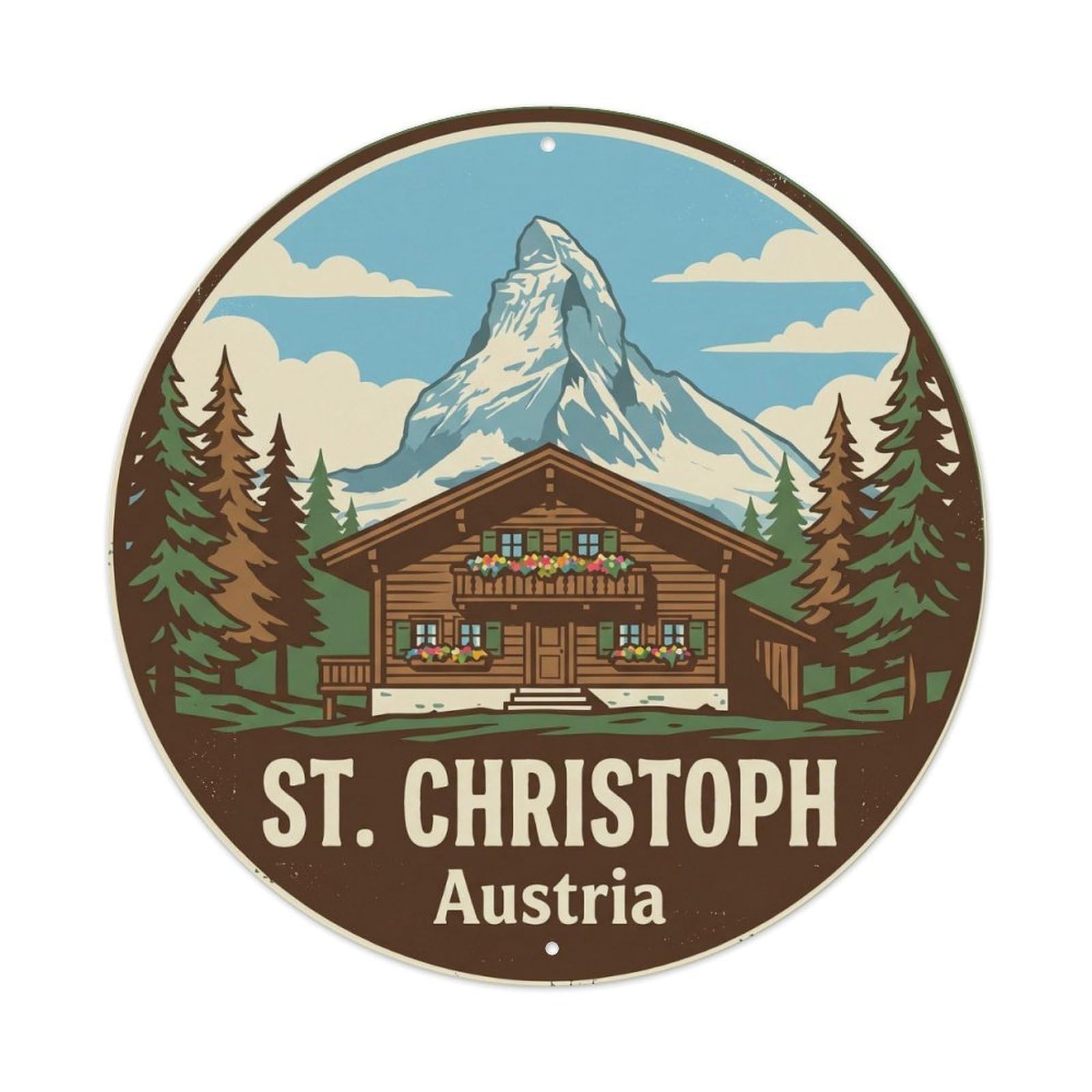 St Christoph Austria Arlberg Alpine Travel Vintage Chalet Metal Tin Sign Plaque Wall Decor for Cafe, Man Cave, Club Bar, Office, Home Garden Round Metal Poster 8x8Inch