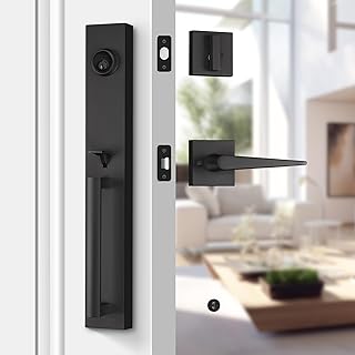 LOQRON Full Escutcheon HandleSet Front Door Handle Set Heavy Duty Square Door Lever and Single Cylinder Deadbolt Combo Reversible for Right and Left Handed– Matte Black Finish