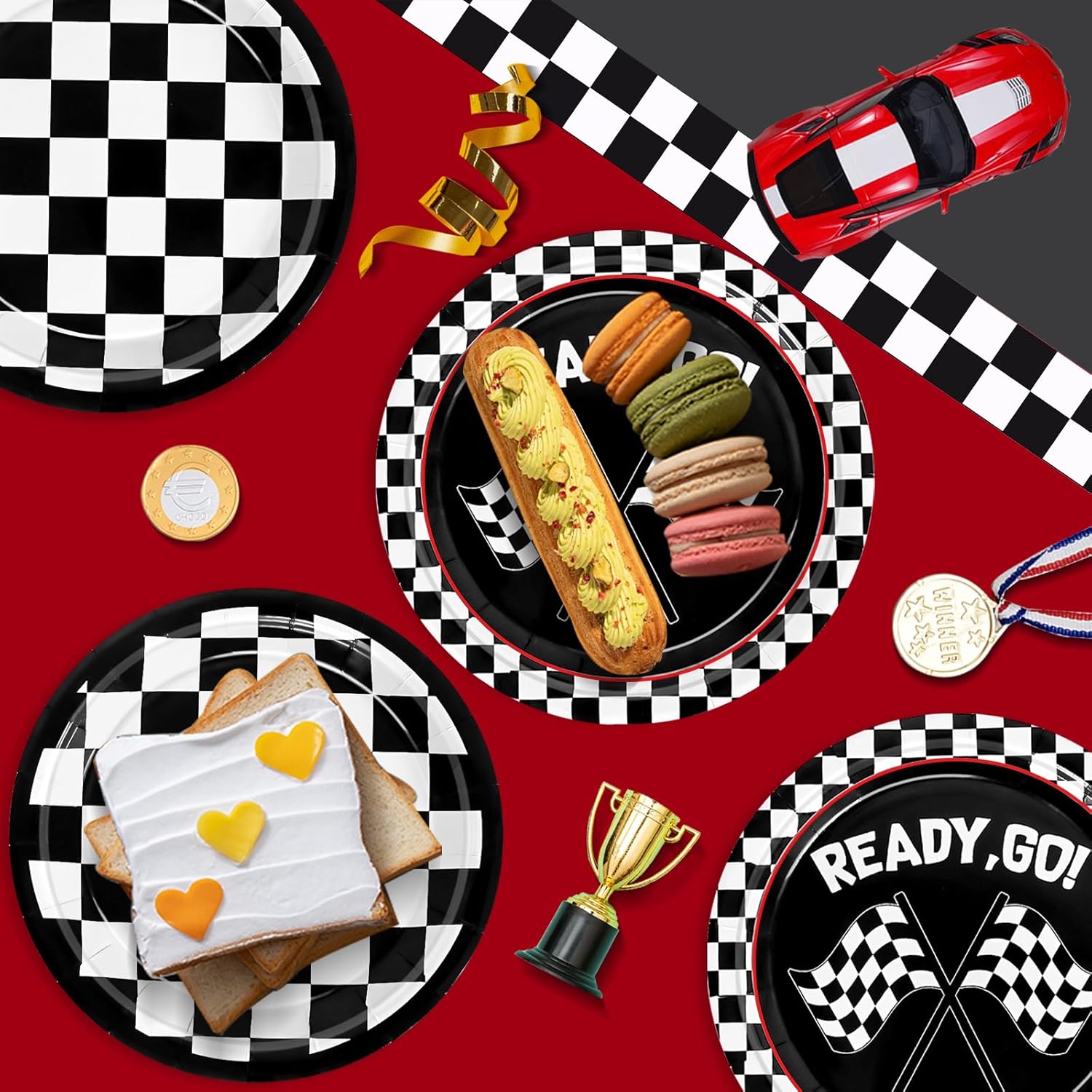 WNINK 48 PCS Race Car Themed Disposable Plates Black and White Checkered Dessert Plates Round Checkered Flag Party Paper Plates for Race Car Birthday Baby Shower Outdoors Picnic Party Supplies - Image 2