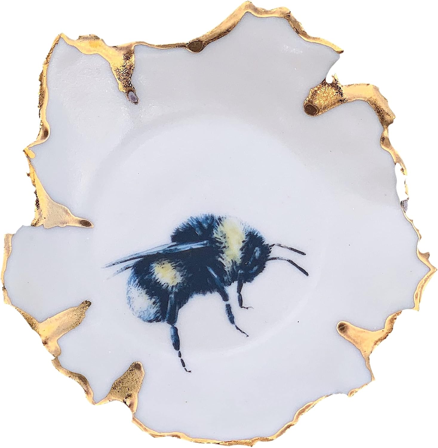 Handmade White and Gold Bee Ring Holder, Ceramic Jewelry Dish for Wedding Band, Earrings, Studs, One of a kind Gift for Women, Men, Him, Her, Bride, Groom -Please Read Description