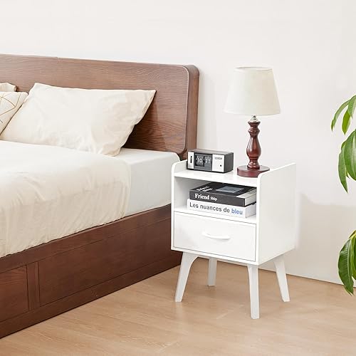 Miniatura 2 de Mesita de noche de madera, mesita de noche moderna de mediados de siglo, mesas auxiliares con cajones de tela y estante de almacenamiento abierto,