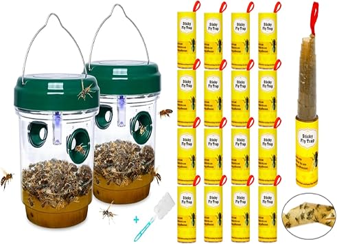 2 Pack Wasp Traps Outdoor Hanging + 16 Pack Outdoor Fly Trap Indoor for Home