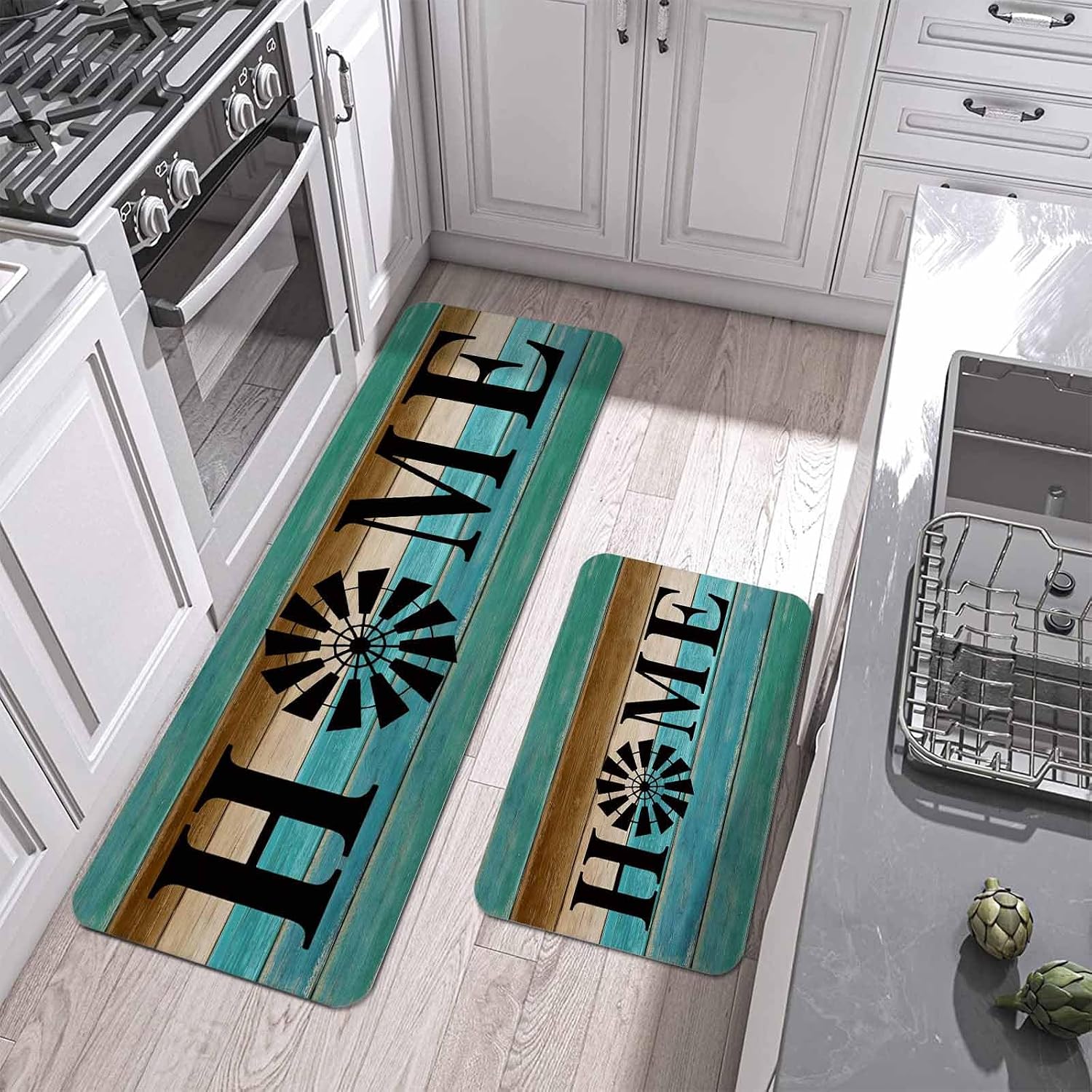 Prime Leader Vintage Home Kitchen Mat Set 2 Pieces Retro Blue Brown Wood Grain Farm Windmill Non Slip Kitchen Rugs Washable Runner Rug Mats for Sink Laundry (15.7" x 23.6"+15.7" x 47.2")
