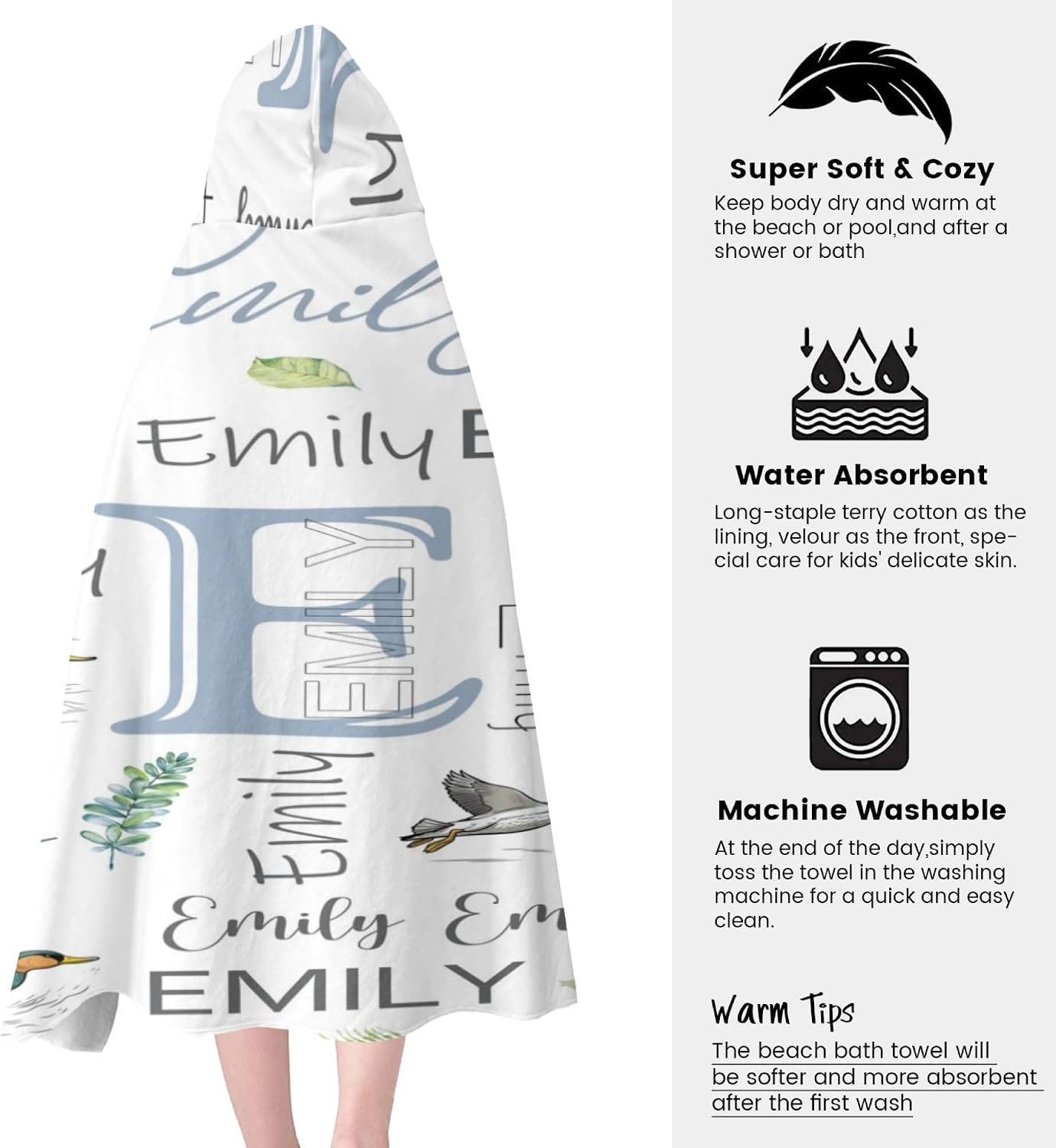Personalized Mallard Duck Hooded Kids Bath Towels, Custom Beach Towel with Name, Absorbent Pool Towels with Buttons,30"x50" Toddler Hooded Towel Wrap for Boys Girls 3-10 Yrs