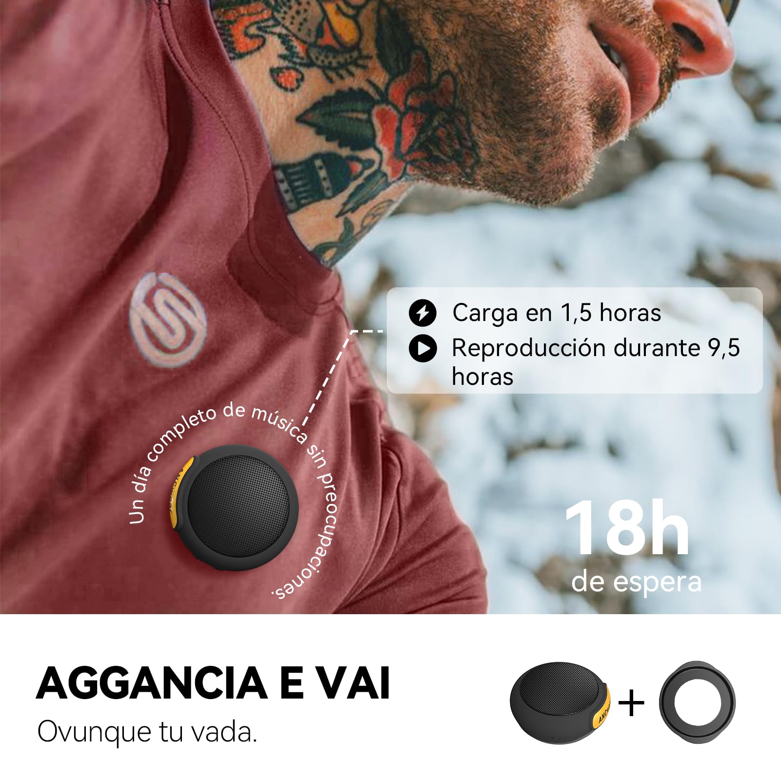 ANCwear Altavoz Bluetooth 5.3 Mini con Clip y Muñequera, Resistencia IPX6, 17 Sonidos de Ruido Blanco, 9,5 h para Baño, Deporte, Bici y Viaje