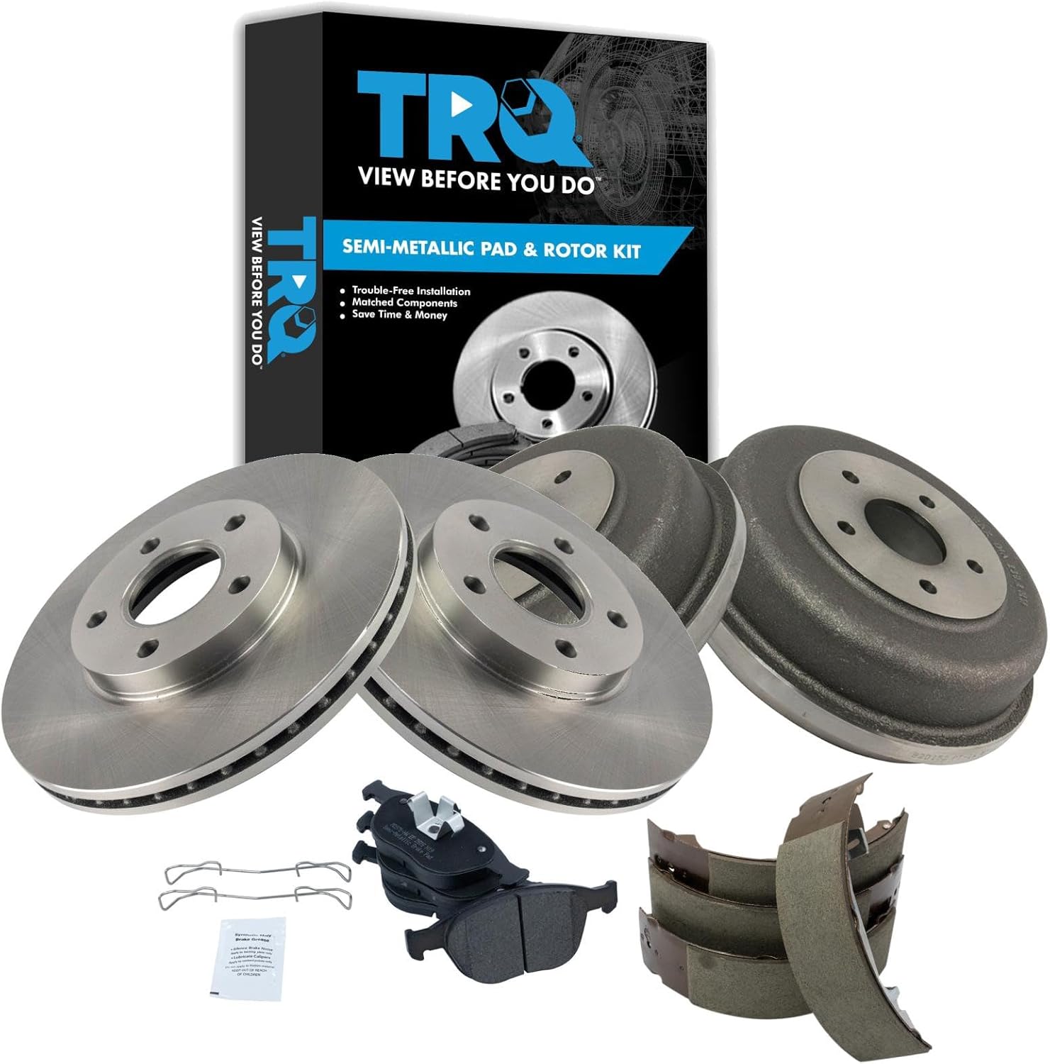 TRQ Front Rear Premium Metallic Disc Brake Pad Shoe Rotor Drum Kit Compatible with 2010-2013 Ford Transit Connect