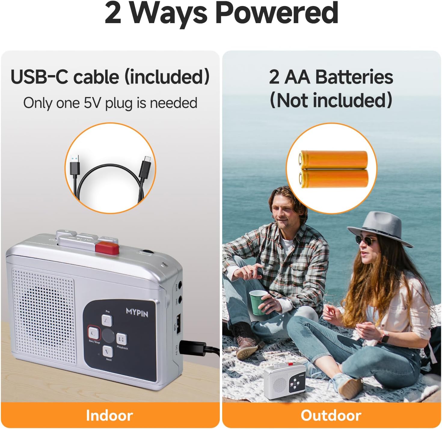 A person wearing headphones connected to the MYPIN cassette player, enjoying private audio.