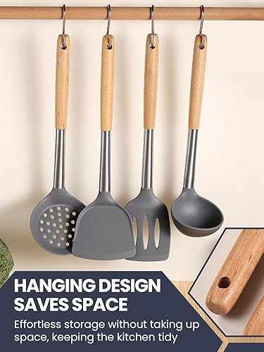 Miniatura 6 de Paquete de 2 espátulas de silicona para cocinar, espátulas ranuradas resistentes al calor con mango de madera, juego de utensilios de cocina