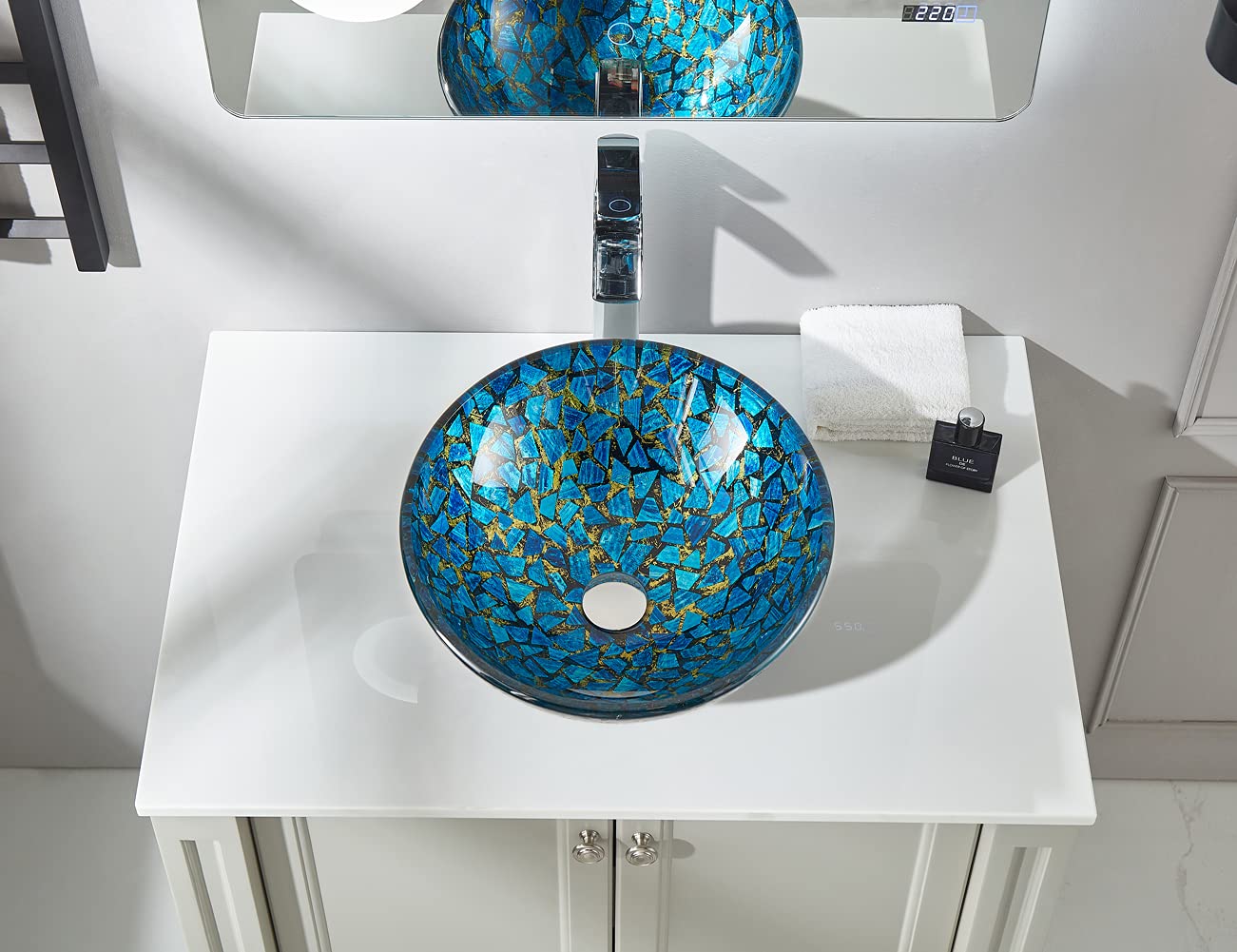 Hyacin Series - Fregadero redondo de mosaico de vidrio templado decorativo en azul estrellado | Fregaderos de montaje superior sobre encimera | Fregadero de encimera de tocador con drenaje 3