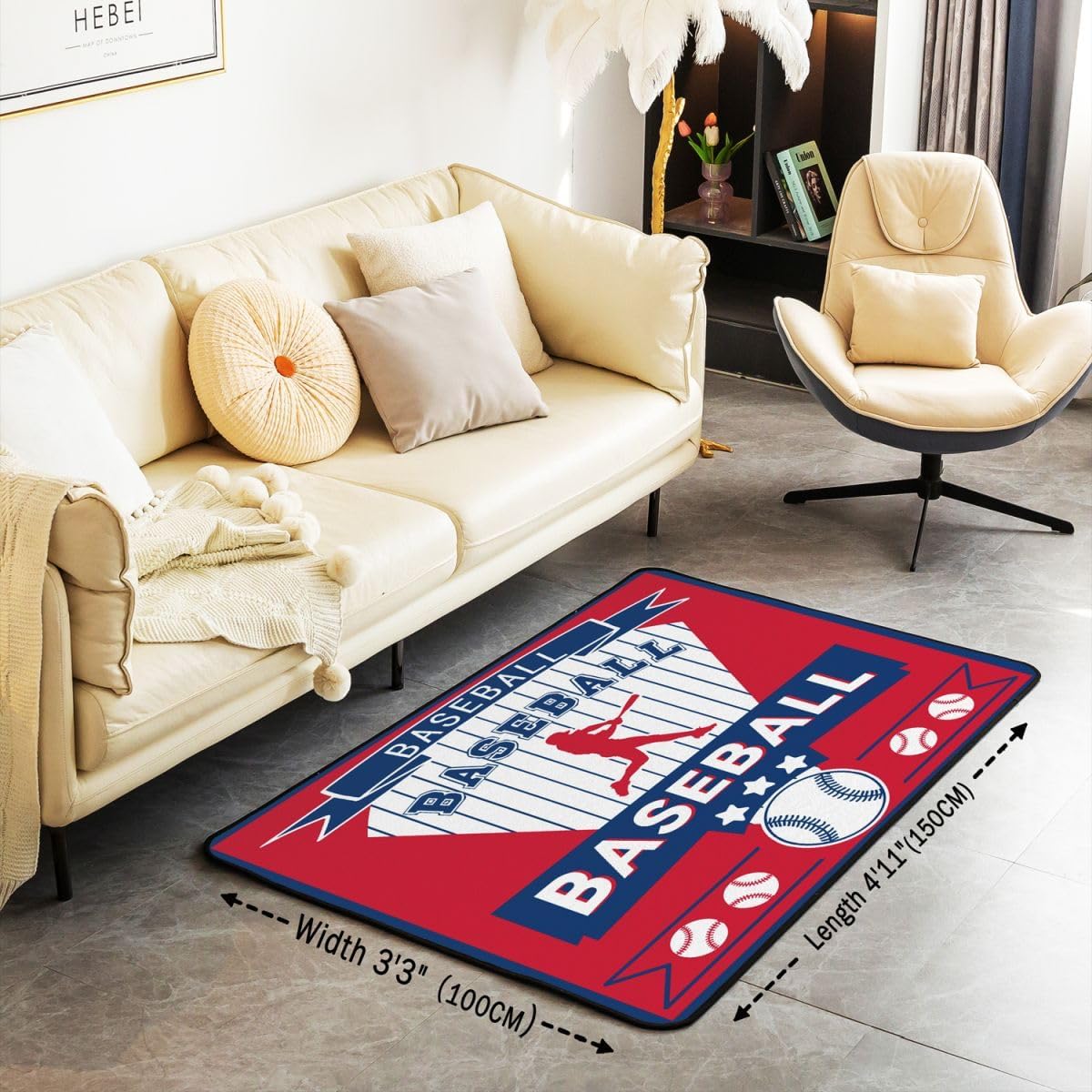 jejeloiu Baseball Gaming Area Rug 3x5 Polyester Living Room Rugs for Bedroom Baseball City Decor Carpet Sports Game Indoor Floor Mat Soft Non-Slip