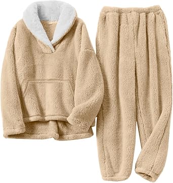 COZYPOIN Womens Fluffy Pajamas Set 2 Piece Soft Fleece Pjs Pullover Pants Loose Plush Sleepwear Warm Fuzzy Loungewear